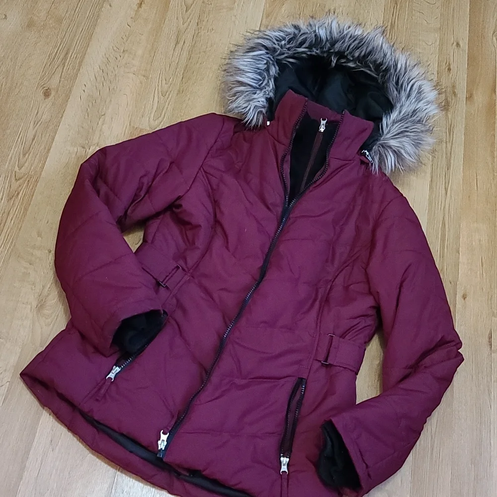 Free Country puffer coat w removable zipper fur hoodie maroon color size small - Picture 6 of 12